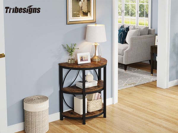 Half-Round End Table, 3-Tier Narrow Side Table with Metal Frame