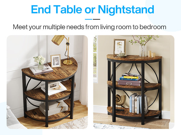 Half-Round End Table, 3-Tier Narrow Side Table with Metal Frame